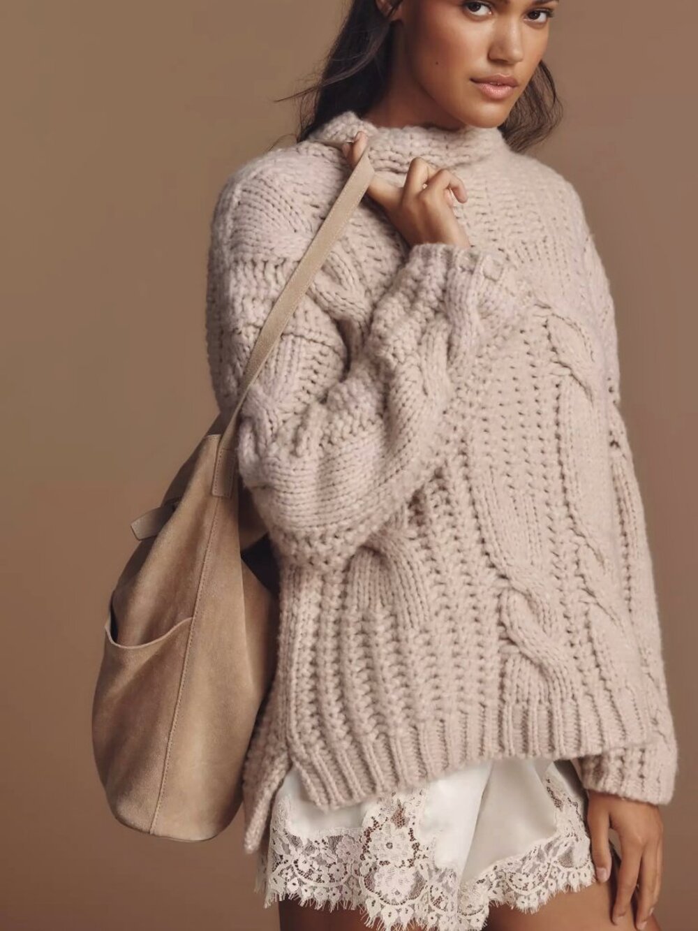 NEW Anthropologie Maeve Mock-Neck Cable Wool Blend Sweater S NWT Neutral $248